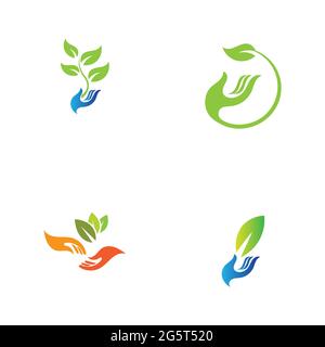 creative hand and leaf logo vector illustration design template Stock Vector