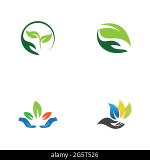 creative hand and leaf logo vector illustration design template Stock Vector