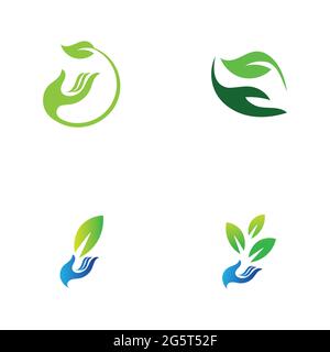 creative hand and leaf logo vector illustration design template Stock Vector