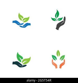 creative hand and leaf logo vector illustration design template Stock Vector