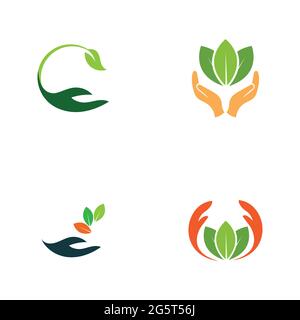 creative hand and leaf logo vector illustration design template Stock Vector