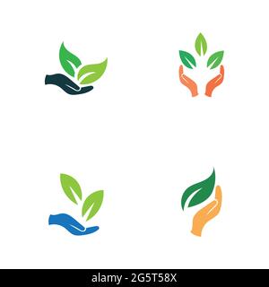 creative hand and leaf logo vector illustration design template Stock Vector