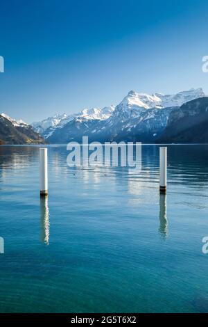 Urnersee and mountains with Gitschen (2513 m), vista from Brunnen over the lake in direction of Flueelen and the Ruetli, Switzerland, Berner Alpen Stock Photo