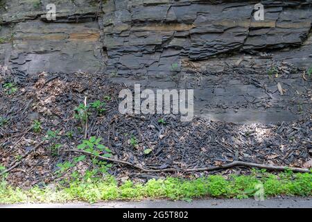 Shards of shale at the base of a cliff side Stock Photo