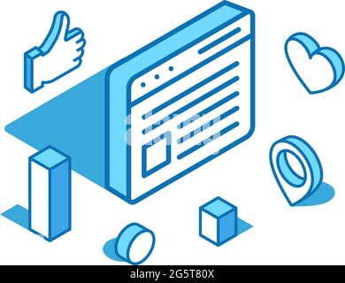 Web page isometric line illustration. Social networks, best advertising, feedback 3D banner template. Stock Vector
