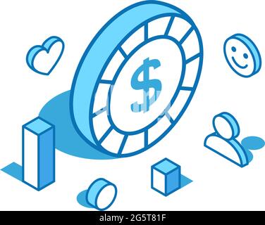 Dollar coin isometric line illustration. Digital money 3D banner template. Stock Vector