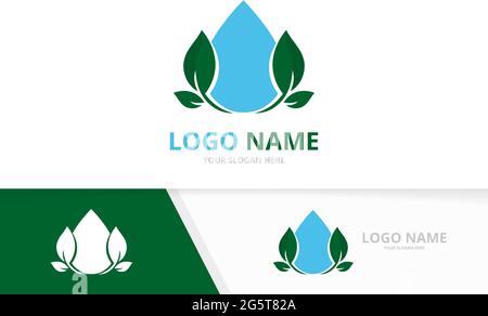 Eco water logo combination. Clean droplet and leaves logotype design template. Stock Vector