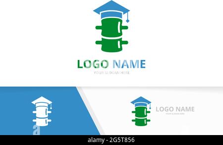 Vector spine and graduate hat logo combination. Unique spinal diagnostic center logotype design template. Stock Vector