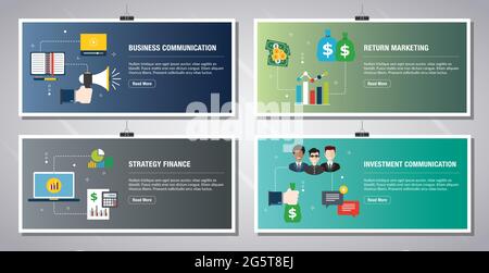 Web banners template in vector with icons of business communication, return marketing, strategy finance and investment communication. Flat design icon Stock Vector