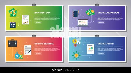 Web banners template in vector with icons of investment data, financial management, contract signature and financial report. Flat design icons in vect Stock Vector