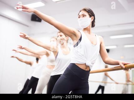 Ballet troupe in protective masks rehearses in ballet class Stock Photo