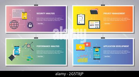 Web banners template in vector with icons of security analysis, project management, performance analysis and application development. Flat design icon Stock Vector