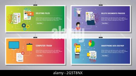 Web banners template in vector with icons of deleting files, delete documents, computer trash and smartphone data destroy. Flat design icons in vector Stock Vector