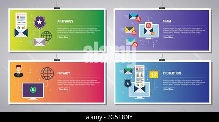 Web banners template in vector with icons of antivirus for protection,  blocking spam, protect of privacy, virus and phishing. Flat design icons in ve Stock Vector