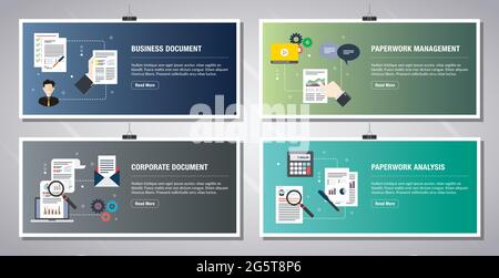 Web banners template in vector with icons of business document, paperwork management, corporate document, paperwork analysis. Flat design icons in vec Stock Vector