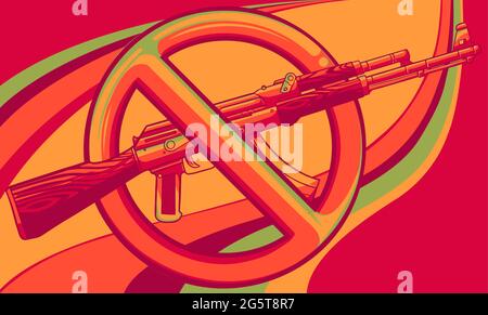 Silhouette of assault rifle with sign over it - weapons ban. Stock Vector