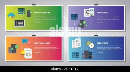Web banners template in vector with icons of cloud computing, data mining, server database and data center. Flat design icons in vector illustration. Stock Vector