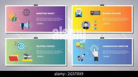 Web banners template in vector with icons of marketing budget, business network, solution strategy, communication. Flat design icons in vector illustr Stock Vector
