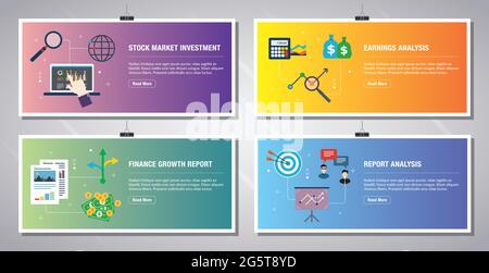 Web banners template in vector with icons of stock market investment, earnings analysis, finance growth, report analysis. Flat design icons in vector Stock Vector