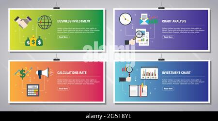 Web banners template in vector with icons of business investment, chart analysis, calculations rate and investment chart. Vector banner template for w Stock Vector