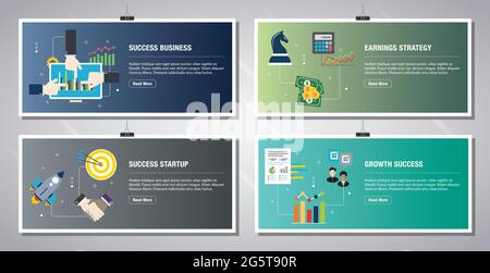 Web banners template in vector with icons of success business, earnings strategy, success startup and growth success. Flat design icons in vector illu Stock Vector