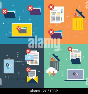 Computer, trash digital, documents and cloud computing icons. Concepts of delete folder, trash digital, destroy data and cloud computing trash. Flat d Stock Vector