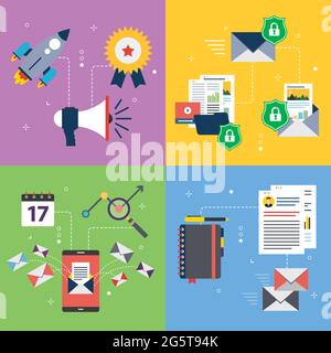 Strategy, communication, safety, marketing and business icons. Concepts of communication, email protection, mobile communication and email marketing. Stock Vector