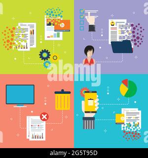 Computer, trash digital, documents and cloud computing icons. Concepts of deleting files, delete documents, computer trash and smartphone data destroy Stock Vector