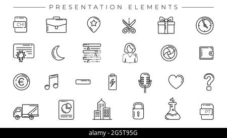 Presentation Elements concept line style vector icons set. Stock Vector