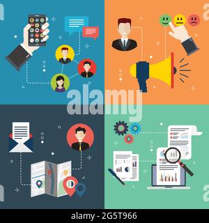 Marketing, communication, social media, relationship and metrics icons. Concepts of social marketing, relationship marketing, proximity marketing and Stock Vector