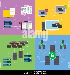 Network, computer, server ,business, technology, database and security icons. Concepts of  data network, computer server, storage technology and datab Stock Vector