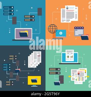 Network, computer, storage and file transfer icons. Concepts of network solutions, computer files, storage computer and file transfer. Flat design ico Stock Vector
