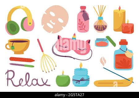 Spa relaxation salon cartoon set. Aromatherapy spa aromatic candle, sleep mask and tea cup. Headphones, nail file and massage. Body care and me time concept. Stickers female skin health cute vector Stock