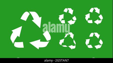 Set of white silhouette triangular recycling symbols. Icons environmentally friendly world. Sign of ecologically pure funds. Logo using recycled resources. Ecology concept Isolated vector illustration Stock Vector