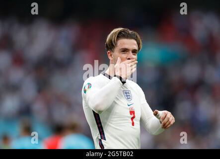 London, Britain. 29th June, 2021. England's Jack Grealish celebrates after the Round of 16 match between England and Germany at the UEFA EURO 2020 in London, Britain, on June 29, 2021. Credit: Han Yan/Xinhua/Alamy Live News Stock Photo