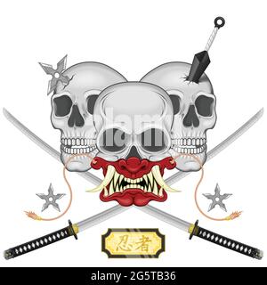 Vector design of ninja skull with japanese mask hannya, kunai, shuriken and two katana swords, elements of Japanese culture and folklore Stock Vector