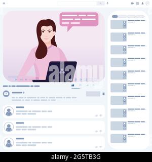 Vector design of video tutorial, Online video playback, communicator in Online course, video website interface with female influencer with her laptop Stock Vector