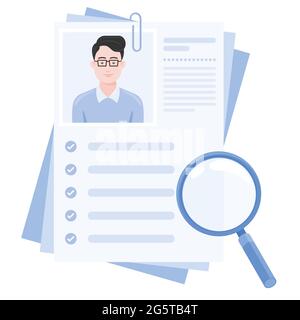 Vector design of curriculum vitae with photo of boy, resume for job search with magnifying glass Stock Vector