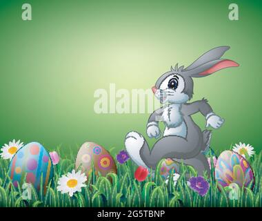 Happy Easter bunny cartoon with decorated Easter eggs in a field Stock Vector