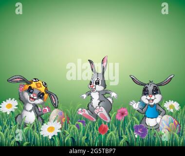 Three happy cartoons with decorated Easter eggs in a field Stock Vector