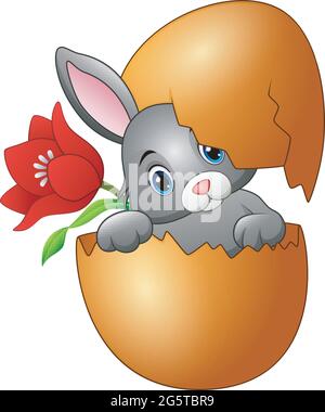 Easter bunny hatched from an egg with red flower Stock Vector