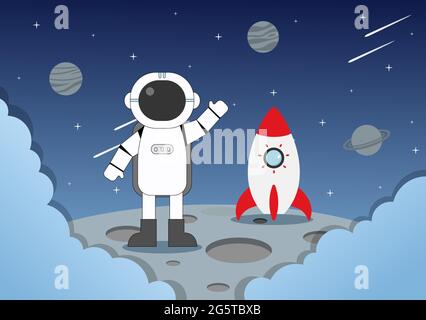 Astronaut With Rocket Background Illustration For Explore In Outer Space And Movement See Stars, Moon, Planets, Ufo Or Asteroids Stock Vector