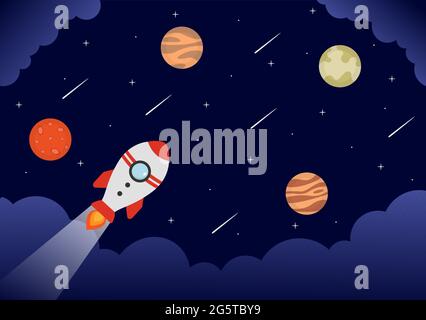 Astronaut With Rocket Background Illustration For Explore In Outer Space And Movement See Stars, Moon, Planets, Ufo Or Asteroids Stock Vector