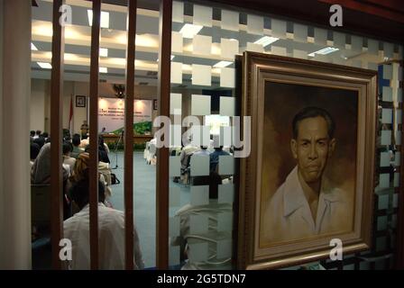 Jakarta, Indonesia. 7th April 2008. A portrait painting of Johannes Leimena, former Indonesian Minister of Health (1947-1953, 1955-1956) is placed outside Leimena Room at the ministry's office building in Jakarta, where a media and public seminars event is held to celebrate the 2008 World Health Day. The seminars event is one of a series of events programmed for the 2008 World Health Day celebration in the Indonesian capital city. The theme for the 2008 celebration is 'protecting health from climate change'. Stock Photo