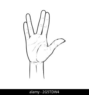 Vulcan greeting and salute gesture. Live long and prosper hand sign. Black vector illustration isolated in white background Stock Vector