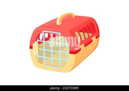 Pet carrier with metal door. Red and orange carrier to transport animals in voyages. Vector illustration in cute cartoon style Stock Vector