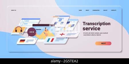 woman transcriptionist in headphones transcription service internet networking concept horizontal portrait Stock Vector