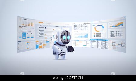cute robot analyzing statistics financial data on virtual boards artificial intelligence technology concept Stock Vector