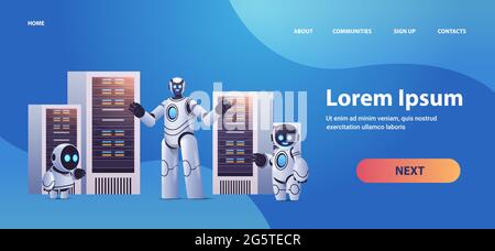 robots in server room big cloud data analysis artificial intelligence technology concept full length horizontal Stock Vector