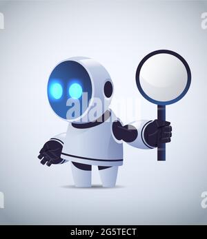cute robot holding magnifying glass data search artificial intelligence concept Stock Vector